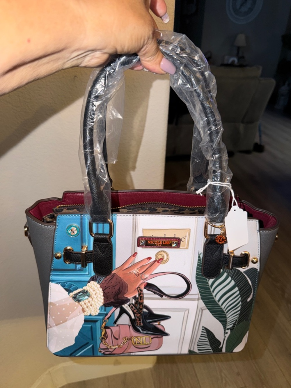 Nicole Lee Multicolor Graphic Panel Satchel – Teal, Pink, Black, Gray, Green